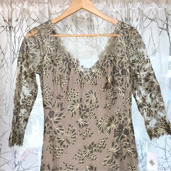 TADASHI SHOJI TOMETI tan gold green EMBROIDERED TULLE GOWN v-neck maxi dress - Picture 6 of 14